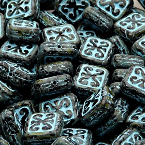 8ks České skleněné mačkané korálky obdelník s ornamentem 11x12mm černá/ travertin se světle modrým zátěrem