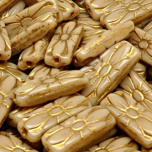 8ks České skleněné mačkané korálky obdelník 20x8mm sytá béžová/ zlatý zátěr