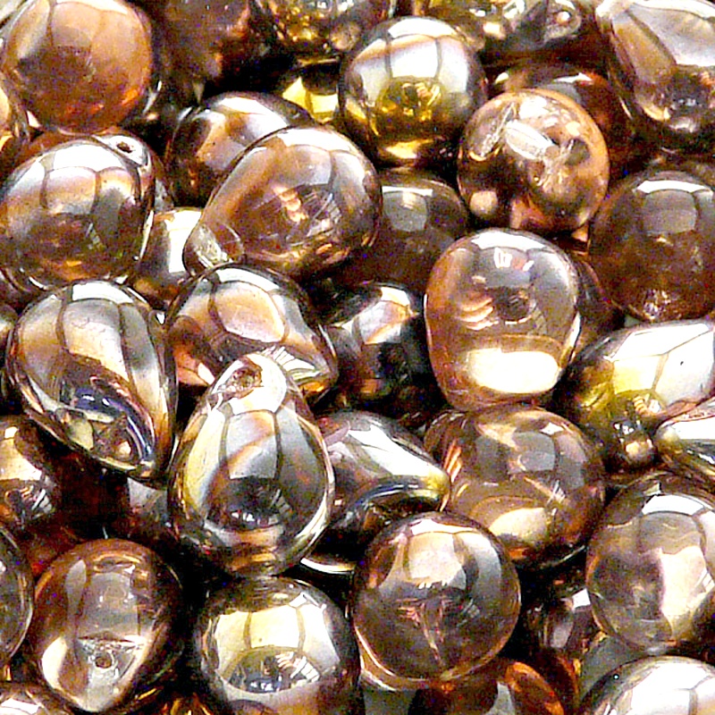 10ks České skleněné mačkané korálky kapky 10x14mm čirá/ gold capri polopokov