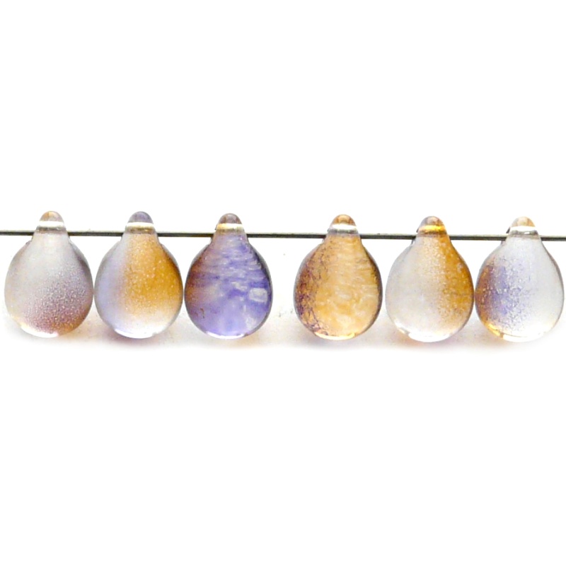10ks České skleněné mačkané korálky kapky 10x14mm čirá/ oranžovo-fialový dvoubarevný stříkaný dekor