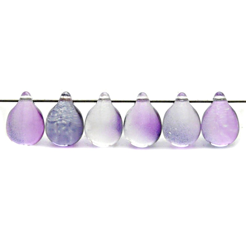 10ks České skleněné mačkané korálky kapky 10x14mm čirá/ fialovo-modrý dvoubarevný stříkaný dekor