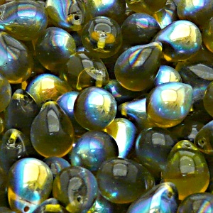 10ks České skleněné mačkané korálky kapky 10x14mm hnědý olivín/ AB polopokov