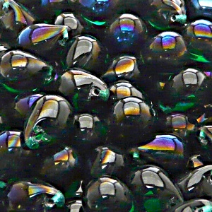 10ks České skleněné mačkané korálky kapky 10x14mm emerald/ azuro polopokov