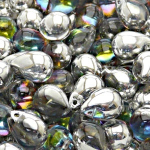 10ks České skleněné mačkané korálky kapky 10x14mm čirá/ zelená marea polopokov