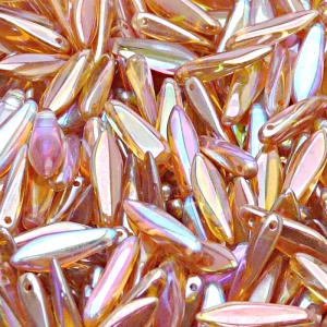 30ks České skleněné mačkané korálky jazýčky 5x16mm čirá/ oranžová duha