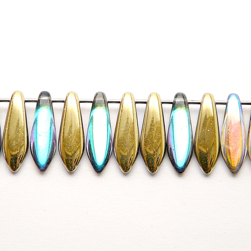 30ks České skleněné mačkané korálky jazýčky 5x16mm čirá/ zlatá duha