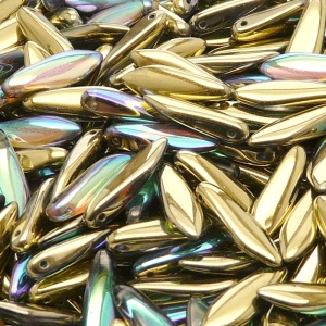 30ks České skleněné mačkané korálky jazýčky 5x16mm čirá/ zlatá duha