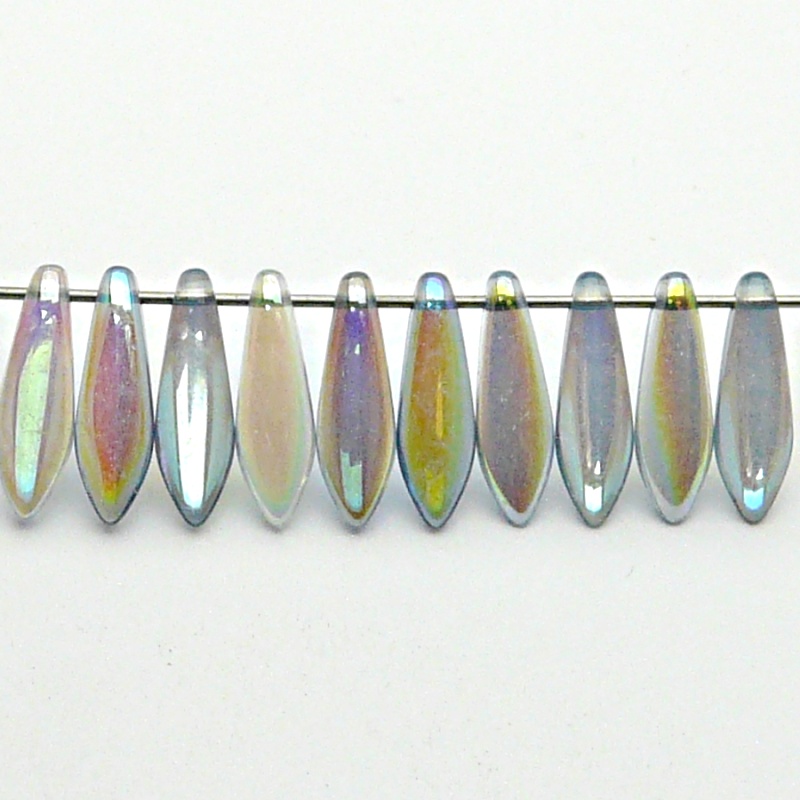 30ks České skleněné mačkané korálky jazýčky 5x16mm čirá/ modrá duha