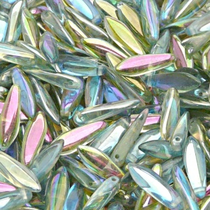 30ks České skleněné mačkané korálky jazýčky 5x16mm čirá/ zelená duha