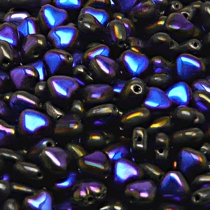 50ks České skleněné mačkané korálky srdíčko 6mm černá/ azuro celopokov