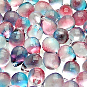 10ks České skleněné mačkané korálky kapky 10x14mm čirá/ červeno-azurový dvoubarevný stříkaný dekor