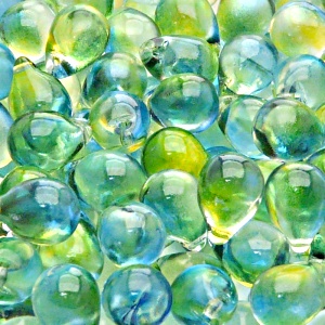 10ks České skleněné mačkané korálky kapky 10x14mm čirá/ žluto-azurový dvoubarevný stříkaný dekor