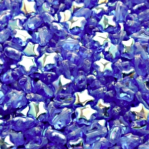 40ks České skleněné mačkané korálky hvězdička 6mm safír/ AB polopokov