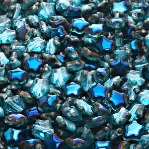 40ks České skleněné mačkané korálky hvězdička 6mm světlá akva/ azuro polopokov