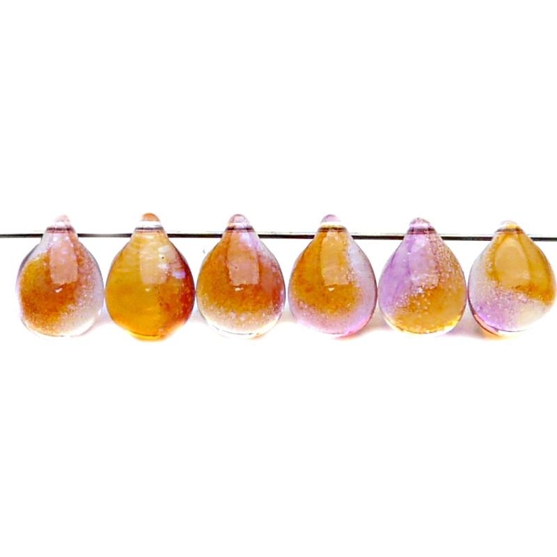 10ks České skleněné mačkané korálky kapky 10x14mm čirá/ červeno-růžový dvoubarevný stříkaný dekor