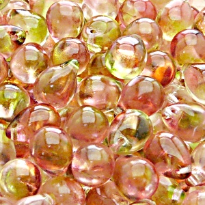 10ks České skleněné mačkané korálky kapky 10x14mm čirá/ oranžovo-zelený dvoubarevný stříkaný dekor