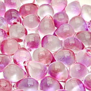 10ks České skleněné mačkané korálky kapky 10x14mm čirá/ fialovo-růžový dvoubarevný stříkaný dekor