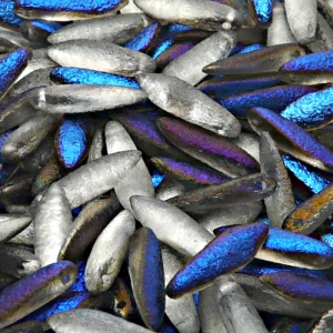 20ks České skleněné mačkané korálky jazýčky 5x16mm čirá/ azuro polopokov leptané