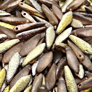 20ks České skleněné mačkané korálky jazýčky 5x16mm čirá/ gold capri polopokov leptané