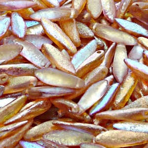 20ks České skleněné mačkané korálky jazýčky 5x16mm čirá/ oranžová duha leptané