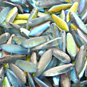 20ks České skleněné mačkané korálky jazýčky 5x16mm čirá/ modrá duha leptané