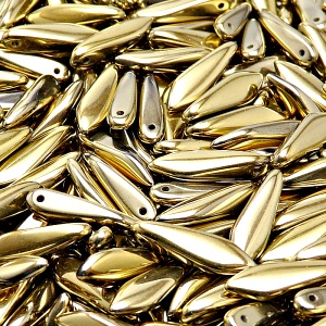 30ks České skleněné mačkané korálky jazýčky 5x16mm čirá/ zlato celopokov