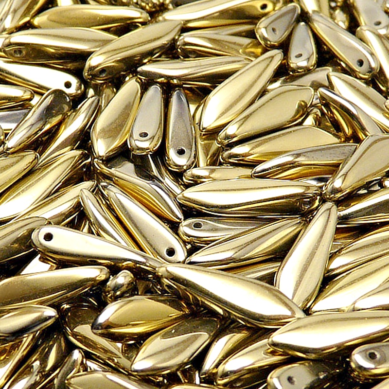 30ks České skleněné mačkané korálky jazýčky 5x16mm čirá/ zlato celopokov