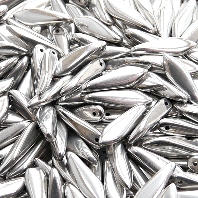 30ks České skleněné mačkané korálky jazýčky 5x16mm čirá/ hliník celopokov