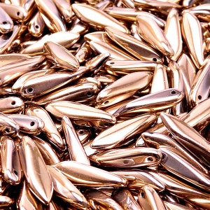 30ks České skleněné mačkané korálky jazýčky 5x16mm čirá/ gold capri celopokov