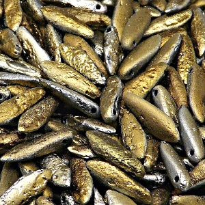 20ks České skleněné mačkané korálky jazýčky 5x16mm černá/ valentinit celopokov leptané