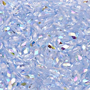 50ks České skleněné broušené tvarové ohňovky olivy 6x4mm světlý safír/ AB polopokov