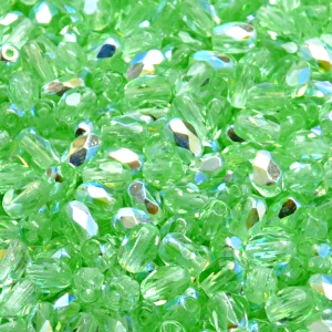 50ks České skleněné broušené tvarové ohňovky olivy 6x4mm zelený peridot/ AB polopokov