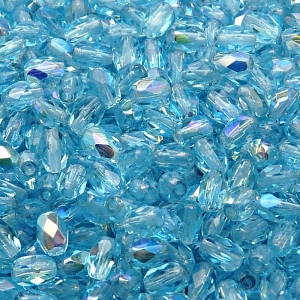 50ks České skleněné broušené tvarové ohňovky olivy 6x4mm světlá akva/ AB polopokov