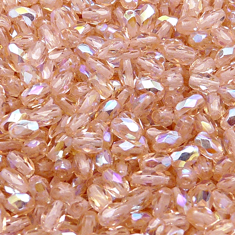 50ks České skleněné broušené tvarové ohňovky olivy 6x4mm rozalín/ AB polopokov