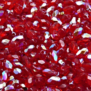 50ks České skleněné broušené tvarové ohňovky olivy 6x4mm rubín/ AB polopokov