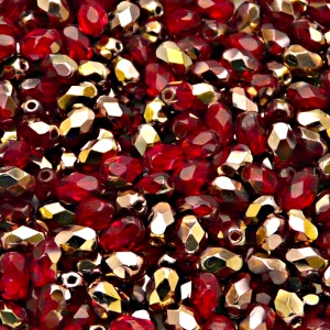 50ks České skleněné broušené tvarové ohňovky olivy 6x4mm rubín/ gold capri polopokov