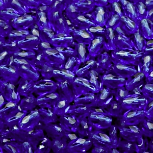 50ks České skleněné broušené tvarové ohňovky olivy 6x4mm tmavý safír