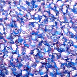 100ks České skleněné broušené ohňovky kulička 4mm čirá/ modro-růžový dvoubarevný stříkaný dekor
