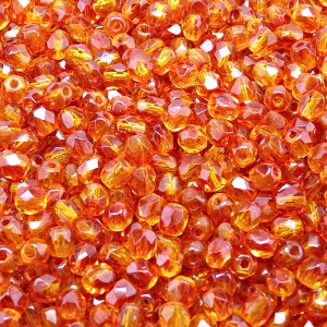 100ks České skleněné broušené ohňovky kulička 4mm čirá/ červeno-žlutý dvoubarevný stříkaný dekor