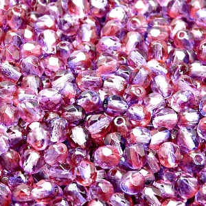 100ks České skleněné broušené ohňovky kulička 4mm čirá/ červeno-fialový dvoubarevný stříkaný dekor