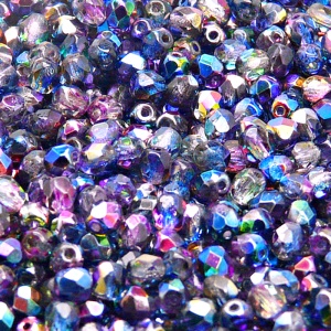 100ks České skleněné broušené ohňovky kulička 4mm čirá/ modro růžový magic