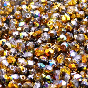 100ks České skleněné broušené ohňovky kulička 4mm čirá/ oranžovo šedý magic