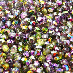 100ks České skleněné broušené ohňovky kulička 4mm čirá/ fialovo zelený magic