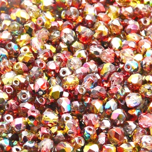 100ks České skleněné broušené ohňovky kulička 4mm čirá/ červeno žlutý magic