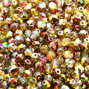 100ks České skleněné broušené ohňovky kulička 4mm čirá/ žluto hnědý magic