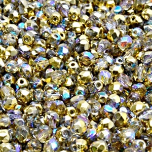 100ks České skleněné broušené ohňovky kulička 4mm čirá/ zlatá duha