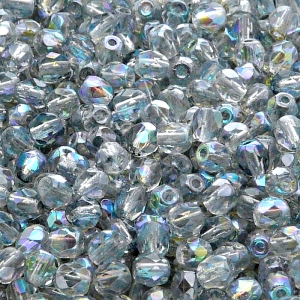 100ks České skleněné broušené ohňovky kulička 4mm čirá/ modrá duha