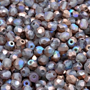 100ks České skleněné broušené ohňovky kulička 4mm čirá/ měděná duha mat