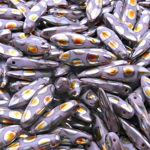 20ks České skleněné mačkané korálky jazýčky 5x16mm sytá fialová/ marea puntíky maska oboustranná