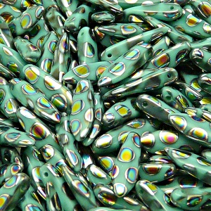 20ks České skleněné mačkané korálky jazýčky 5x16mm zelený tyrkys/ vitrail puntíky maska oboustranná